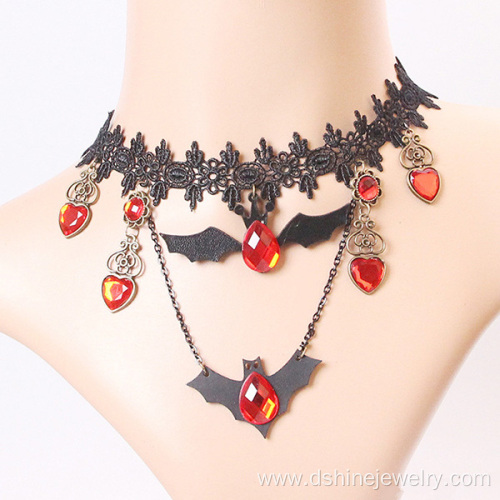 Stylish black lace choker bat Pendant Necklace